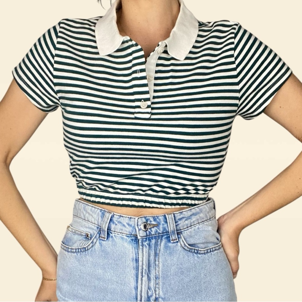 Green and White Fitted Polo Crop Top